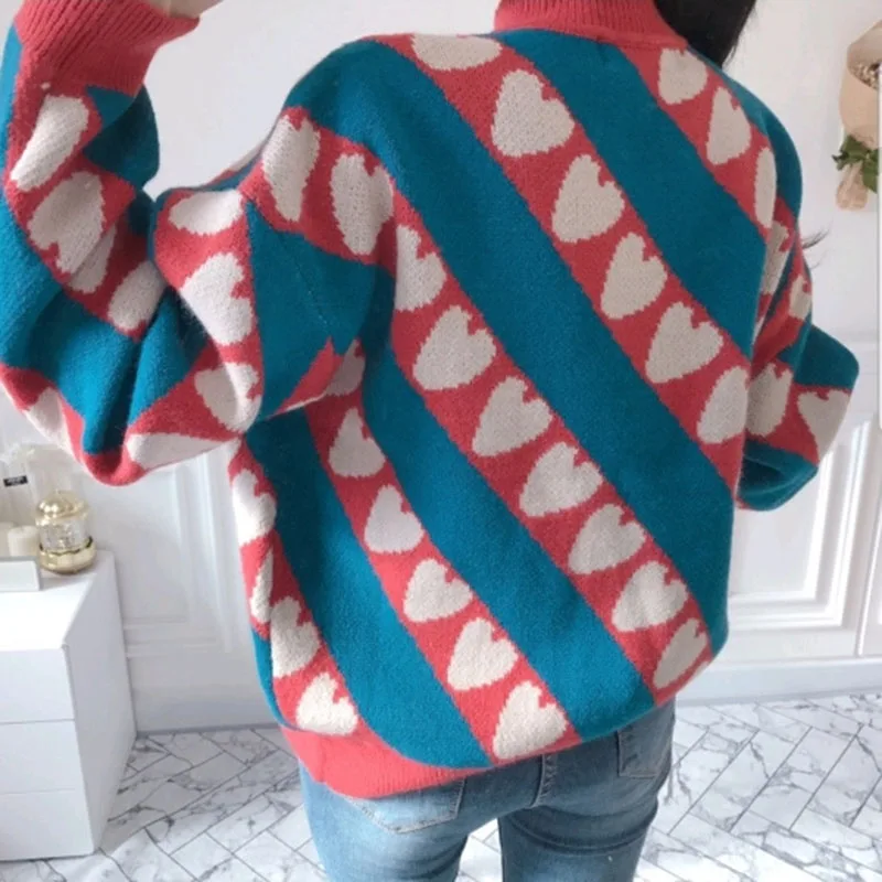 Свитер с сердцем, Для женщин кроличий женский свитер, свободный женский свитер с высоким, плотно облегающим шею воротником свободное вязаное теплое пальто для детей, осенний Топ контрастные цветные Джемперы Винтаж V779
