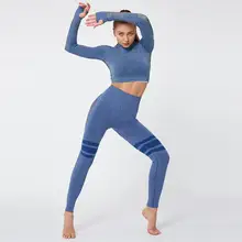 Women Energy Seamless Yoga Sets Sexy Breathable Mesh Knitted Gym Set 2 Piece Sportswear Long Sleeve Top+High Waist Yoga Leggings