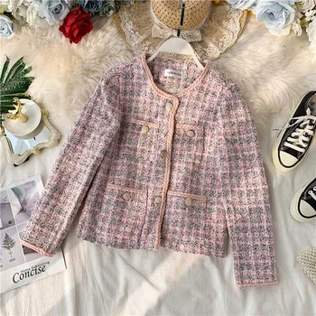 

NiceMix Brand Fashion Women's High-end Luxury Autumn Winter Elegant Pink Sweet Tweed Long-sleeved Cardigan Short Coat