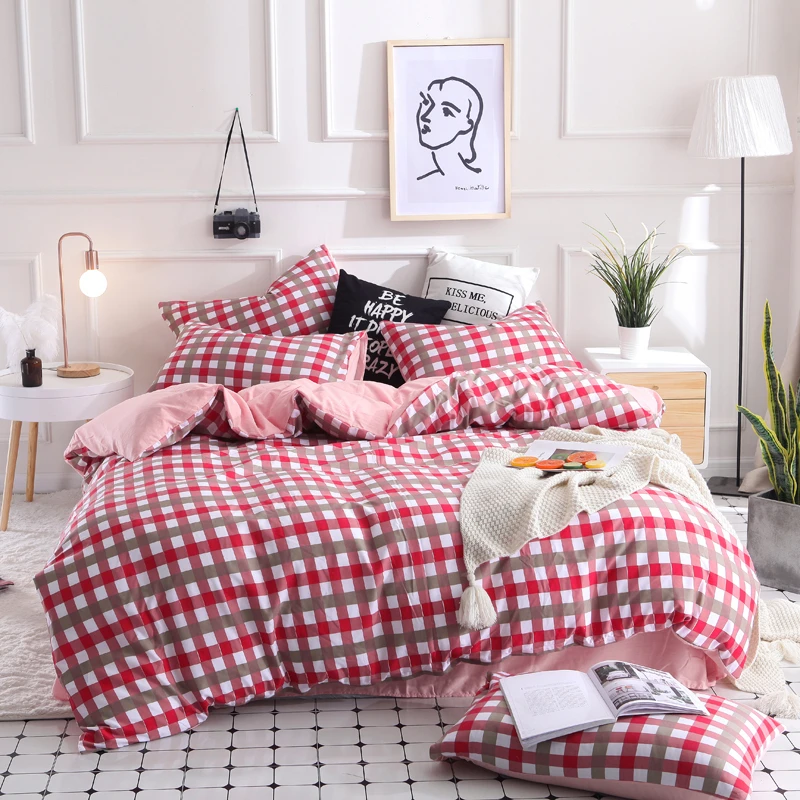 Small Plaid -Red ANNAs хороший материал плед постельное белье фиолетовый белый плед пододеяльник чистый цвет Простыня 4 шт. домашний Текстиль King size постельные принадлежности - Цвет: Small Plaid -Red