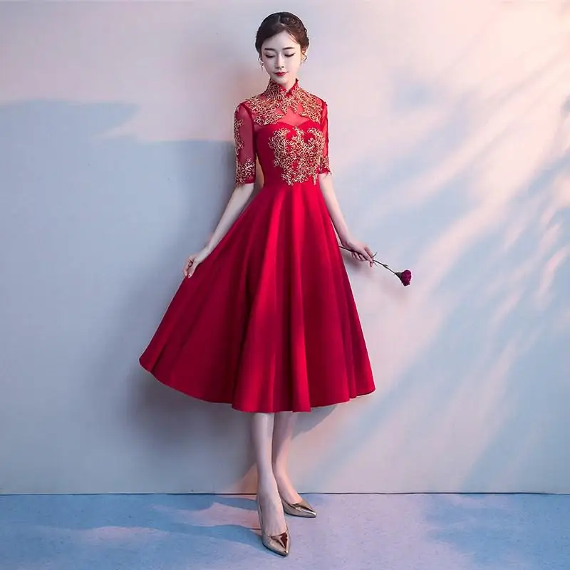 Темно-Красное длинное платье невесты Cheongsam бальное платье восточные женские свадебные Qipao элегантный в китайском стиле Вечерние платья Vestido XS-3XL - Цвет: Dark Red - B
