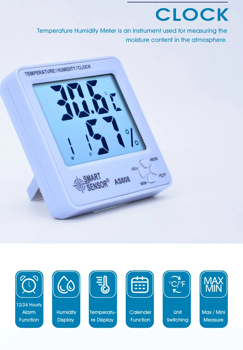 Умный датчик AS808 Высокоточный гигрометр термометр Часы Измеритель температуры и влажности Метеостанция календарь и будильник