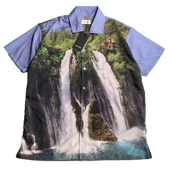 

2020ss Rhude Waterfall 3D Printed Women Men Casual Shirts Loose Fit Men Streetwear Short Sleeve Cotton Shirts Beach Shirts