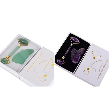 

2 Pcs Facial Roller Scraping Facial Neck Massage Natural Stone Roller Weight Loss Beauty Amethyst & Green Dongling Jade