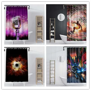 

2020 Modern Unique Design 3D Microphone And Cool Football Printing Waterproof Shower Curtain With 12 Hooks For Bathroom