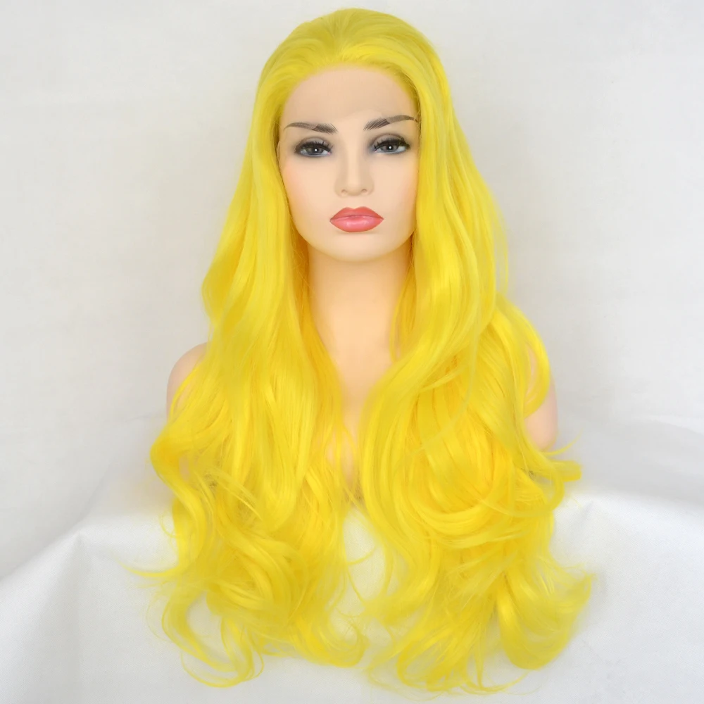 13&times;4L Sexy Yellow Synthetic Lace Front Wig Long Natural Wave Free Parting Cosplay For Women