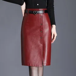 Women PU Leather Bodycon Skirts With Belt Spring Autumn Front Slit High Waist Streetwear Straight Skirt Knee-Length Skirt