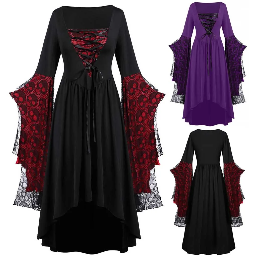 Halloween Lace Strap Black Dress Women Plus Size 5XL Skull Lace платье Bell Batwing Sleeve Fashion Party Novelty Dress Wholesale