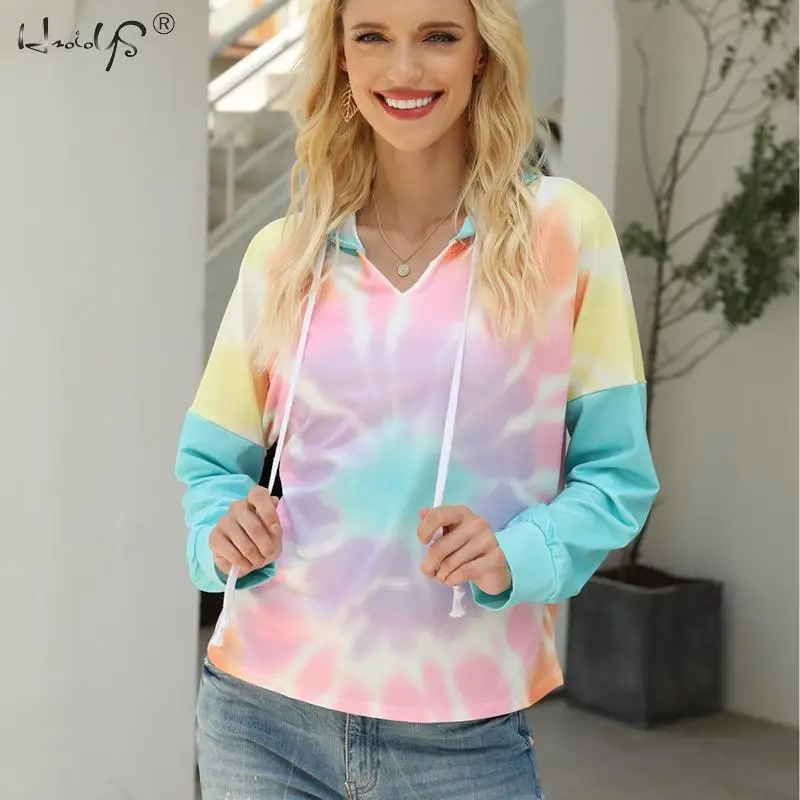 

Hoodie Women Colorful Long Sleeve Sweatshirt Ladies Tie dyeing Crop Hooded Sweatshirt Top Autumn Hoodie