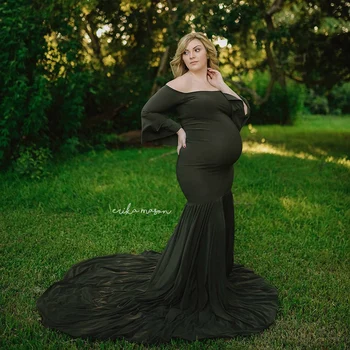

Cotton Maternity Dresses for Photo Shoot Sexy Strapless Ruffle Pregnant Dresses for Women Trailing Sleeve Maxi Pregnancy Dress
