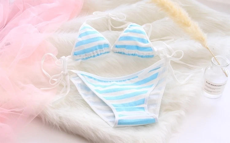 OJBK, сексуальное женское белье, Лолита, Kawaii, синий, розовый, белый, в полоску, мини бикини, для взрослых, косплей, эротические костюмы, бюстгальтер, женское нижнее белье, набор