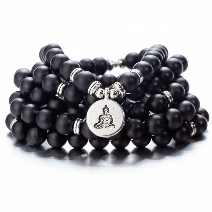 matteonyx buddha 108 бусы натуральные камни Мала Будда Лотос дерево чакра Йога пара очарованные эластичные браслеты - Окраска металла: matteonyx buddha