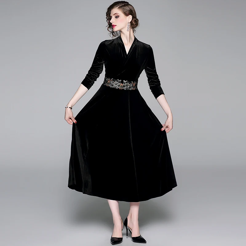 Новое бархатное зимнее платье с v-образным вырезом, с вышивкой, Vestidos, повседневное, Mujer,, женское, черное, миди, вечерние платья Moda Feminina, K3588