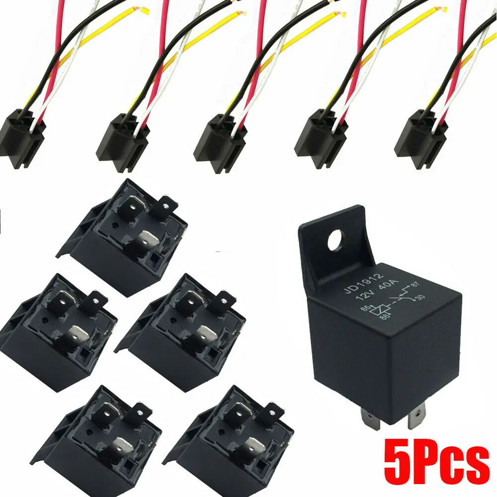 5Pcs 12V 40 Amp 4 Pin 5 with Wires Car SPDT Automotive Relay DC W/ Harness Socket JD1912 JD1914 Replacement Kit | Автомобили и