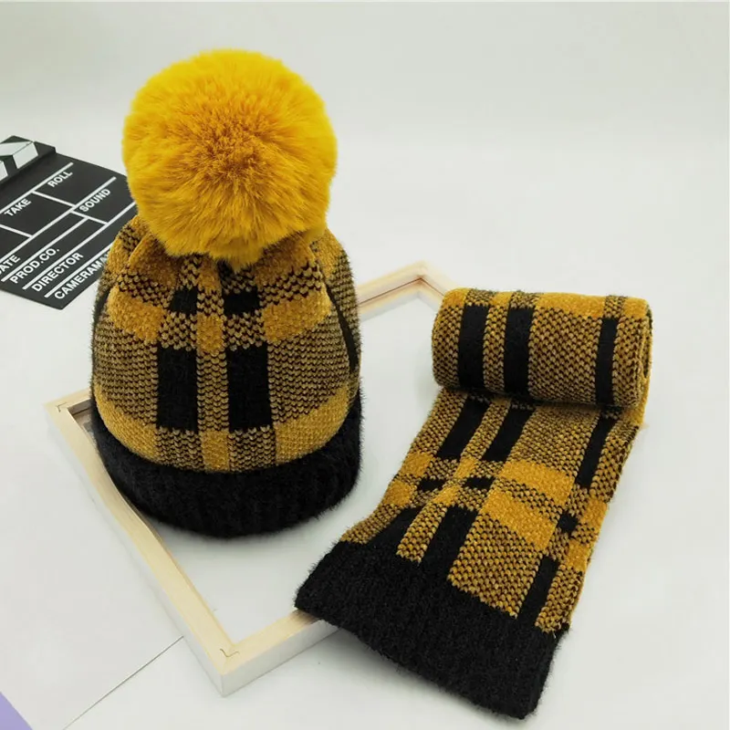 Детские зимние штаны шапка, шарф, перчатка в комплекте с флисовой подкладкой шапка для девочки перчатки в клетку шарфы 3 предмета Комплект Мода Тип головного убора - Цвет: yellow 2pcs