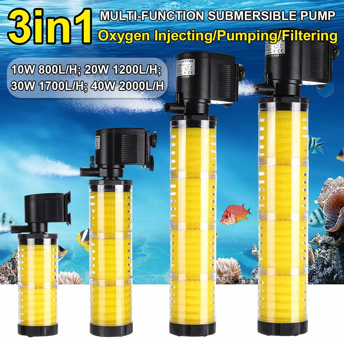 

10/20/30/40W 3 in 1 Submersible Aquarium Filter Oxygen Internal Air Pump Filter Fish Tank Water Pump Pets Products