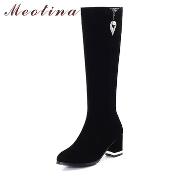 

Meotina Autumn Knee High Boots Women Crystal Chunky High Heels Tall Boots Zipper Round Toe Shoes Ladies Winter Large Size 33-43