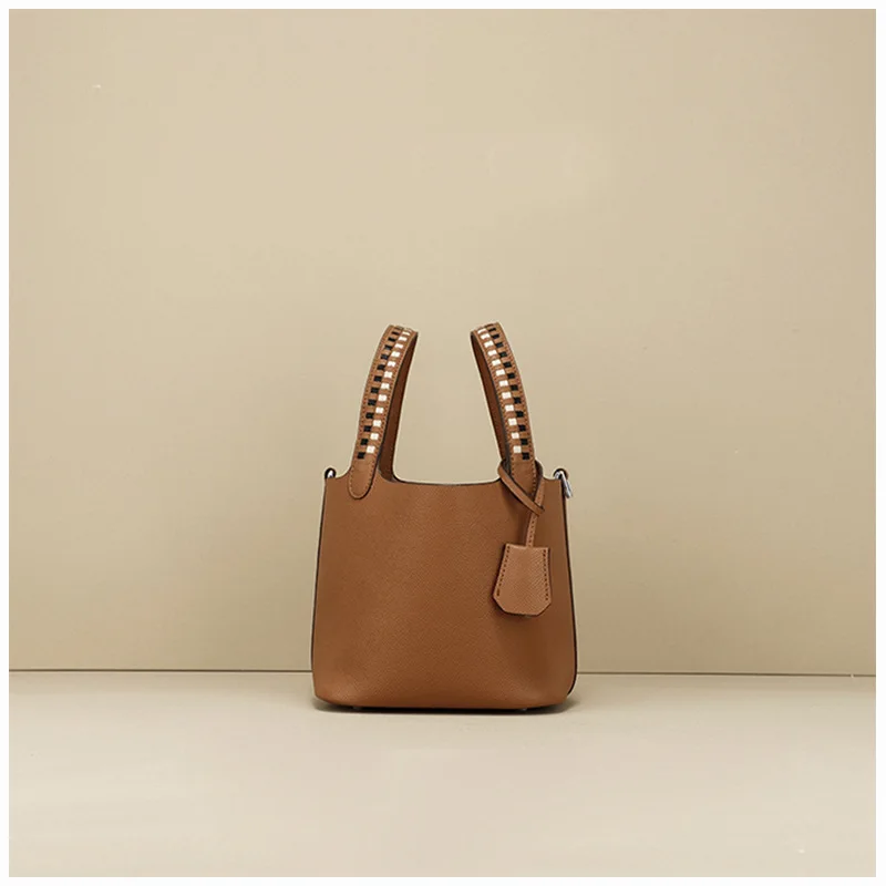 Golden brown new colours wide shoulder appliance with joker bucket palmprint cowhide basket bag bag leather handbag - Цвет: Golden brown