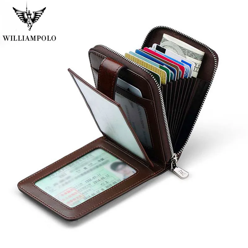 

Williampolo Luxury Brand Real Leather Purse Men Casual Credit Card Holder Mini Zipper Hasp Design Small Wallet Brown Red Vintage