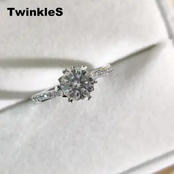 

TwinkleS 925 Sterling Silver 1.0Ct 6.5mm EF Color Halo Moissanite Rings with Side Stones For Women Engagement Jewelry