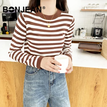 

Striped Sweater Women Jumper Ladies Sweaters Knitted Top Spring Autumn Green Brown Pullover Knitwear Streetwear Z036