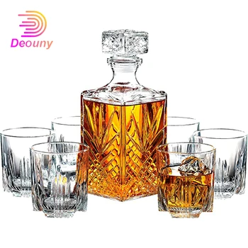 DEOUNY-decantador de cristal de 0,5l y 1L, Juego de vasos de Whisky, elegante decantador de Whisky con tapón adornado, separador de vajilla de cóctel