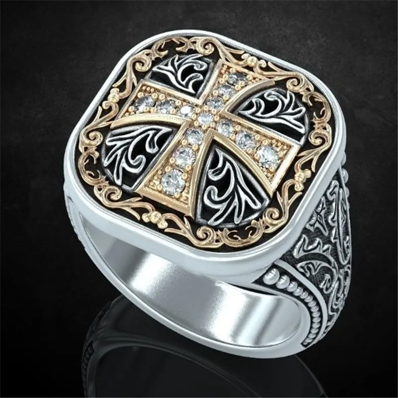 

Gold Black Cross with Zircon Inlaid Men's Ring Punk Hip-hop Boyfriend Stainless Steel Jewelry Creative Gift