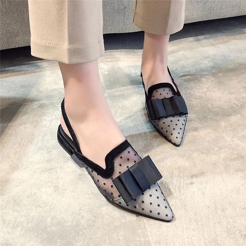 Черные Сетчатые женские туфли лодочки с узором в горошек Женские острым закрытым