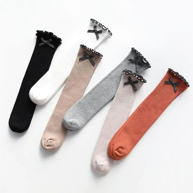 Spring and autumn and summer children's bow lace stockings girls bows lace double needle loose mouth pile stockings