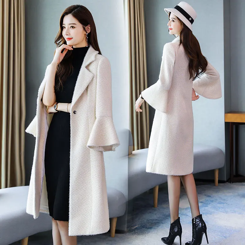 

Woolen Coat Mid-length Autumn And Winter WOMEN'S Dress New Style Korean-style Slim Fit Waist Hugging Flounced Sleeves Goddess-St