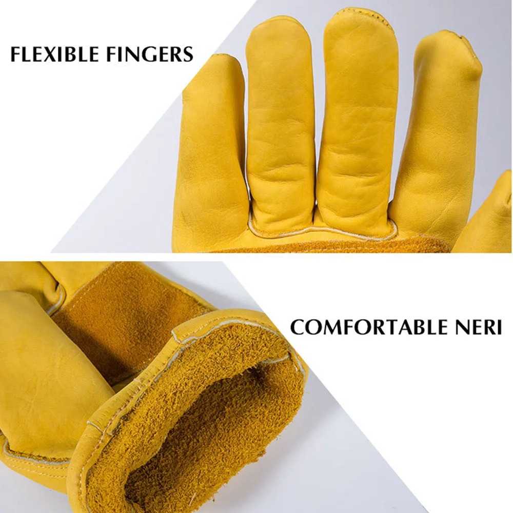 [AETRENDS] Flex Grip Leather Work Gloves Stretchable Wrist Tough Cowhide Working Gloves(Gold, S, M, L, XL) O-0047