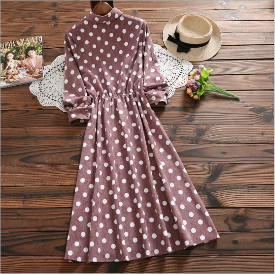 Sukienki, Осеннее женское длинное платье, Mori Girl, в горошек, миди, vestidos mujer Kawaii Sukienki, вельветовое платье PV262