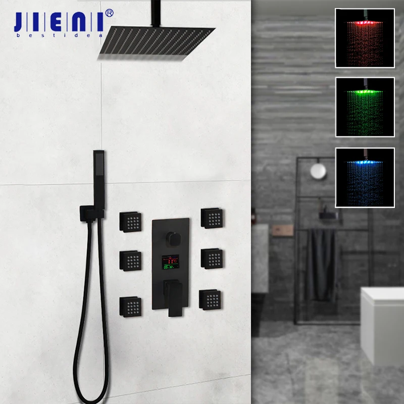 

JIENI LED черный душ для ванной сообщения струи Термостатический Температурный Дисплей Настенный дождевой набор для ванной комнаты Смеситель для ручного душа набор