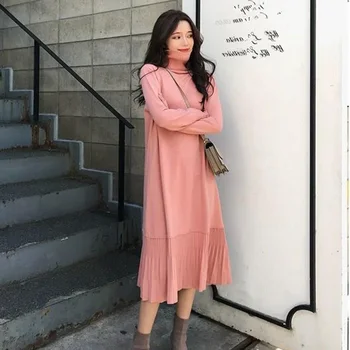 

Turtleneck Sweater Dress Women Vintage Long Sleeve Ruffles Knitted Dress Autumn Winter Loose Midi Dresses Casual Pullovers V863