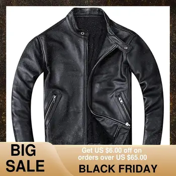 

2020 Black Men Slim Fit Biker's Leather Jacket Large Size XXXXL Genuine Cowhide Spring Russian Motorcycle Leather Coat