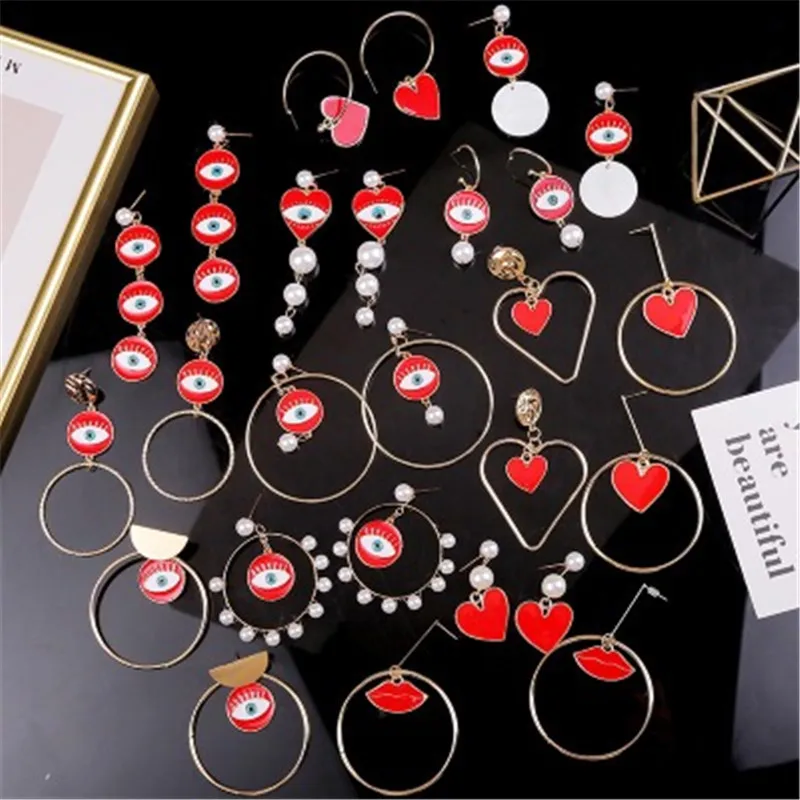 

New European And American Exaggerated Evil Eye Drop Earrings For Women Red Lip Devil's Eye Long Dangle Earrings Statement Jewelr