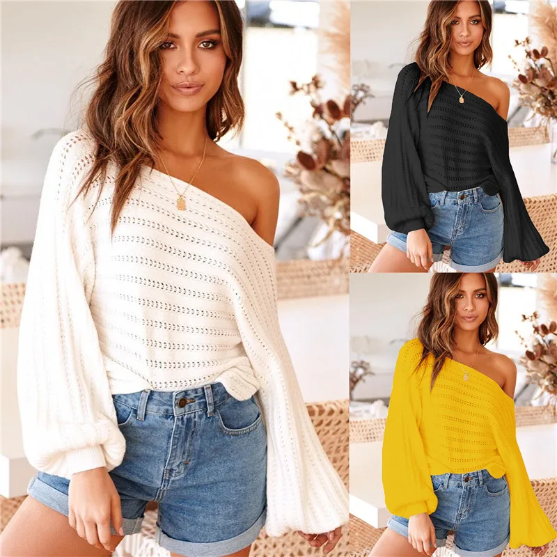 Women Slash Neck Sweaters Autumn Winter Knitted Off Shoulder Sweater Solid Lantern Sleeve Pullover Shirts Female Oversize Knit | Женская