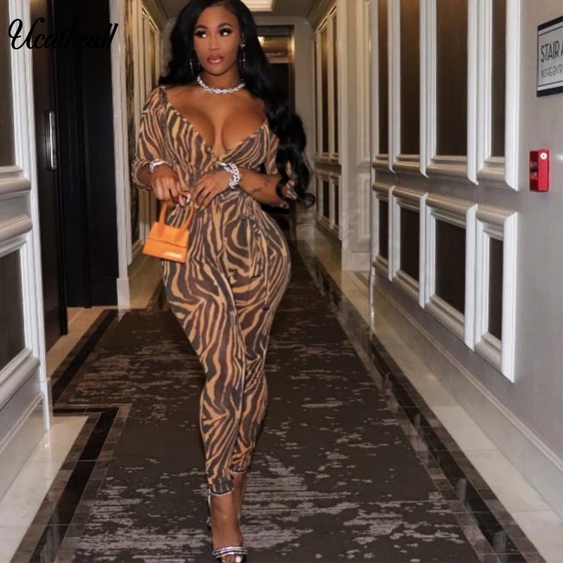 

Sexy Autumn Winter Women Bandage Jumpsuit Romper Streetwear Print Stripe Club Party Striped Bodycon Body