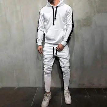 

inter 2Pcs Men Casual Color Block Hoodie Sweatshirt Drawstring Pants Sports Tracksuit