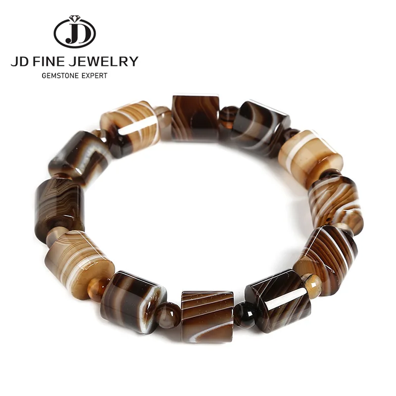 JD Genuine 12mm Natural Coffee Lace Agate Bracelets Men Handmade Tibetan Buddha Hand String Barrel Rosary Prayer Beads Bangles - Image 4