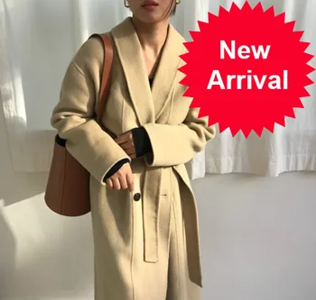 

Winter Korea Women Yellow Long Cashmere Coat Slim Waist Elegant Overcoat with Waistbelt Pocket Loose Outerwear Jacket