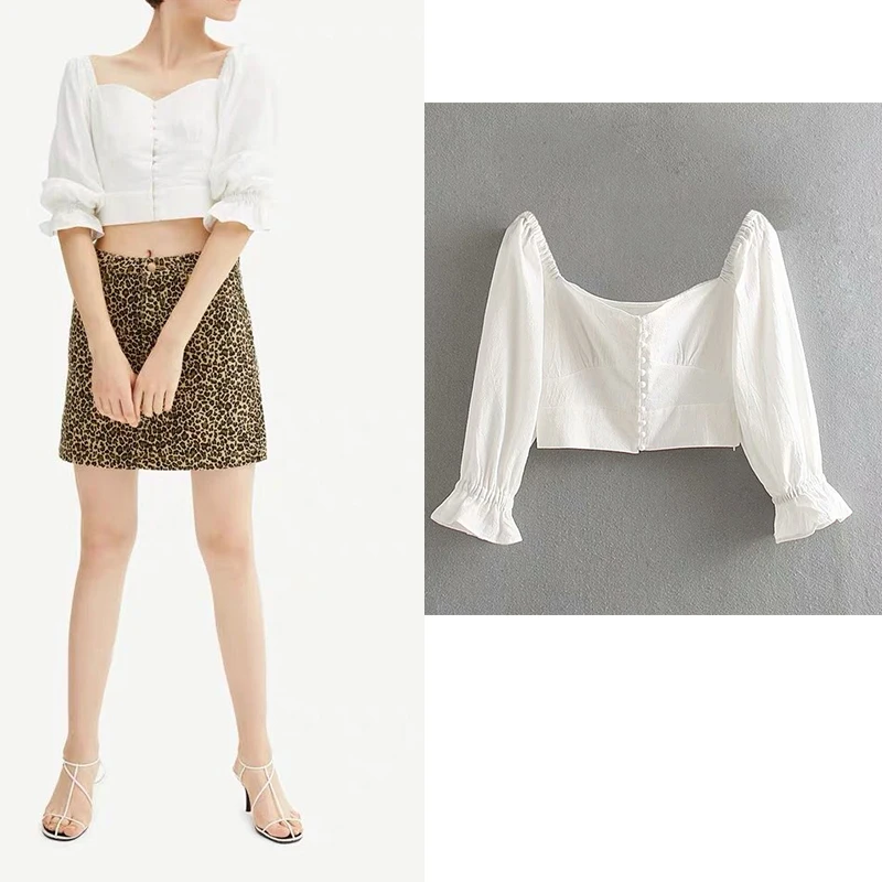 Женская блузка с квадратным вырезом za белая во французском стиле расклешенным