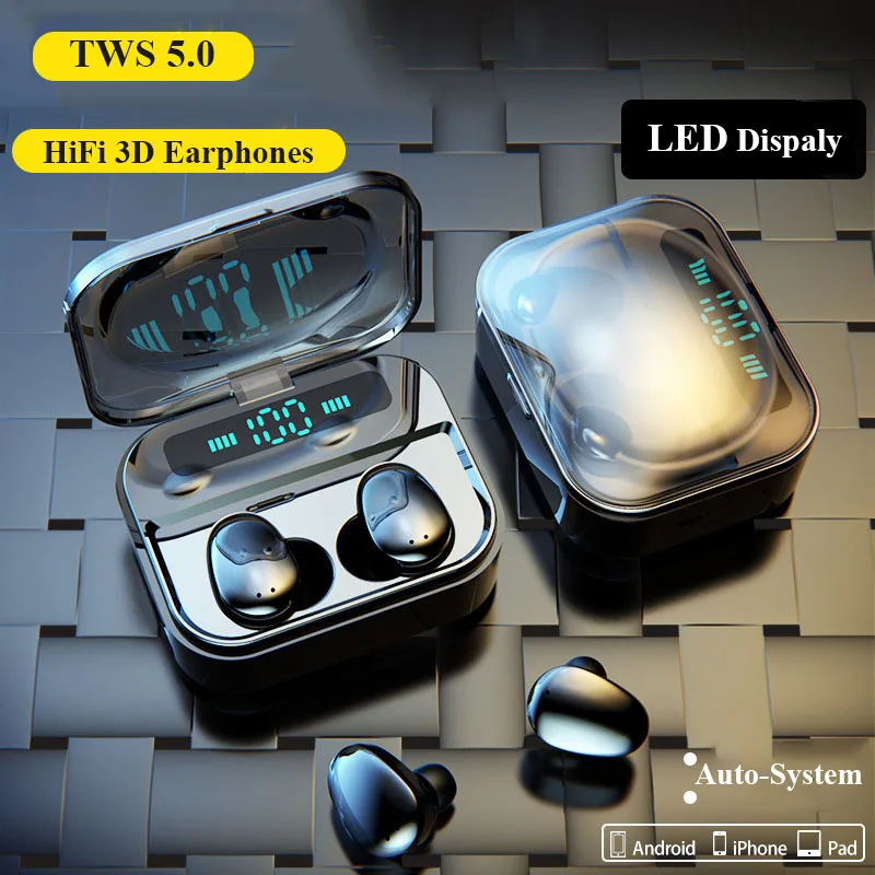 

Mini Wireless Bluetooth Headset Led Display HiFi Stereo Earbuds In-ear HD Call Auto-on/off For Smart Phone Touch Control 2000mAh