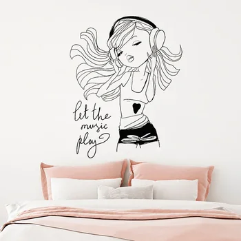 

Girl Enjoy Music Wall Stickers Vinyl Headphones Juvenile Girls Bedroom Room Decoration Cartoon Character Removable Decal Z094