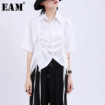 

[EAM] Women White Pleated Drawstring Big Size Blouse New Lapel Half Sleeve Loose Fit Shirt Fashion Tide Spring Summer 2020 1U174