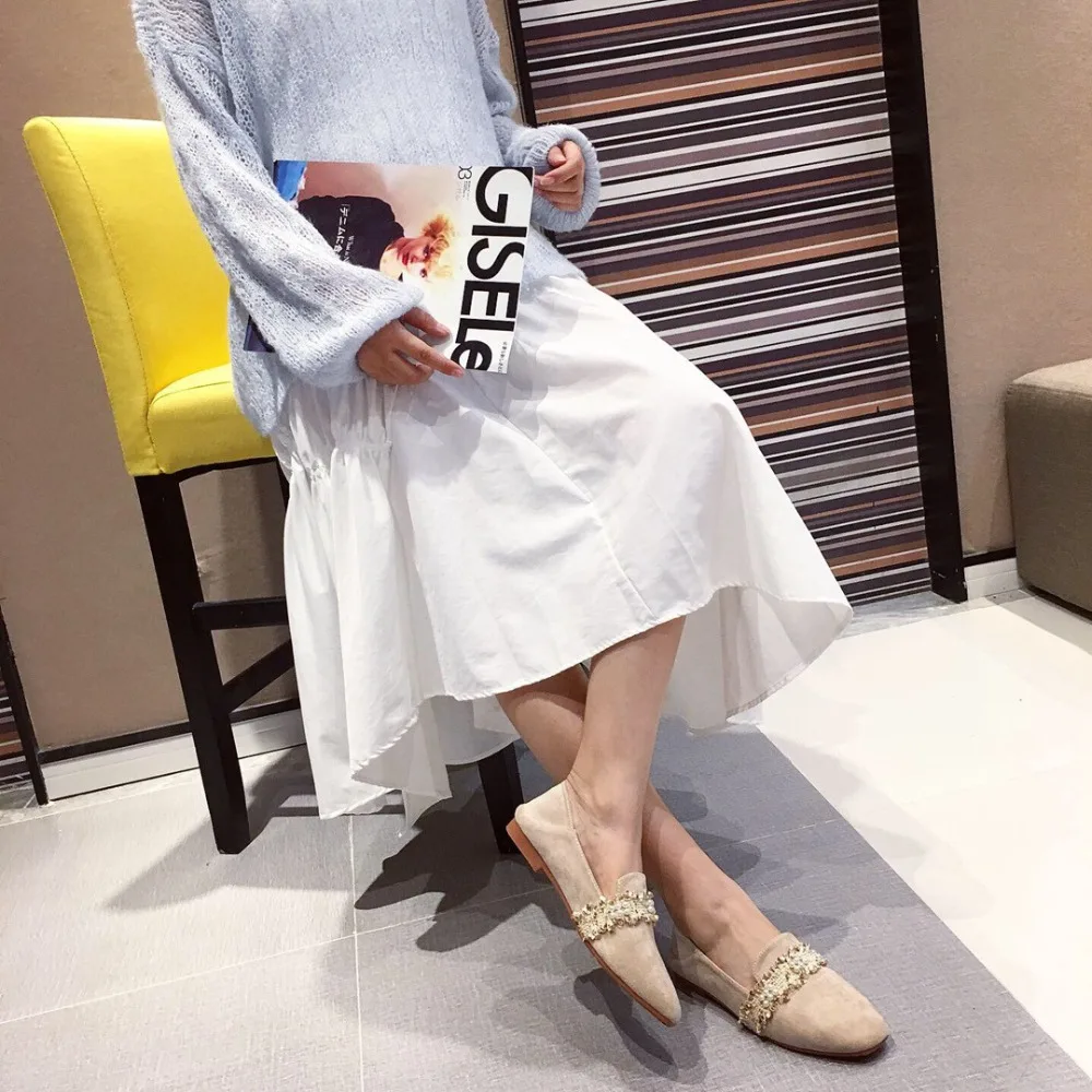 Fringe beading square toe flats slip on casual solid flock brief moccasins comfy brief women shoes leisure femme korean loafers