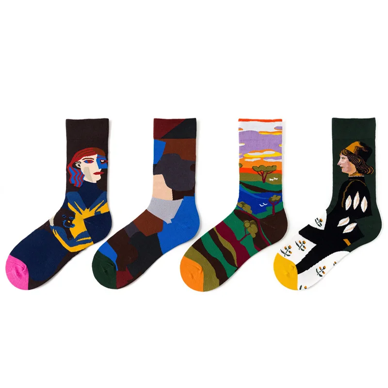 

Unisex Funny Print Socks Oil Painting 1 Pair Cotton Four Seasons Ins Style Colorful Mid Socks Women Streetwear
