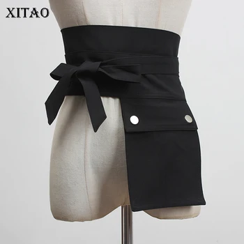 

XITAO Solid Color Women Irregular Cummerbunds Fashion 2020 New Summer Lacing Pocket All Match Cummerbunds Goddess Fan ZP2135