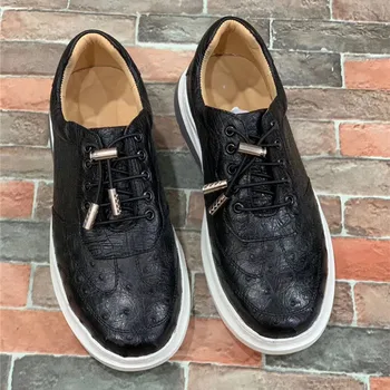 

Authentic Real Ostrich Skin Men's Casual Sneakers Genuine Exotic Leather Elastic Band Male Walking Flats Black Footwear Shoes
