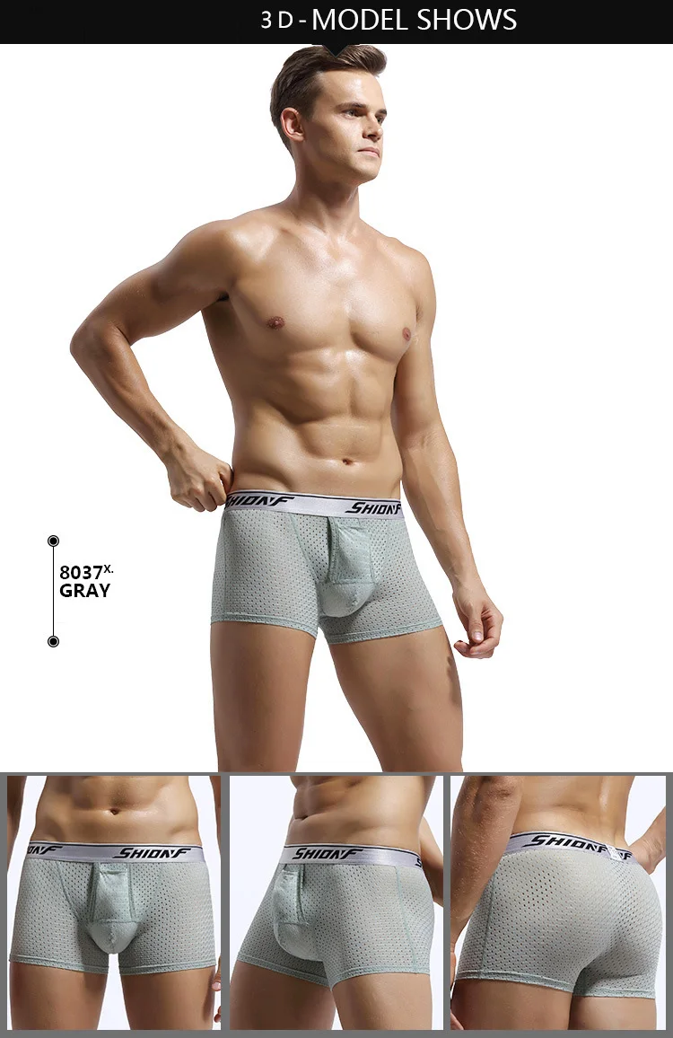 Men Mesh Long Boxers Cuecas Homme Breathable Long Leg Pouch Underpants Sexy penis Pouch Boxer Shorts Ice Silk Underwear mens sexy underwear